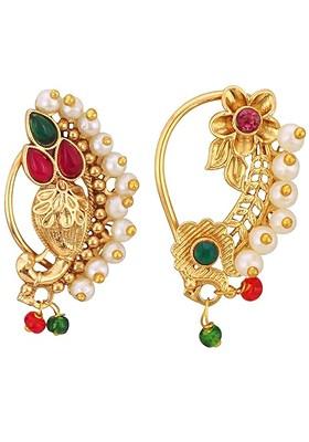 Set Of 2 Gold Plated Cubic Zirconia Studdedand Beaded Stud Nosepins