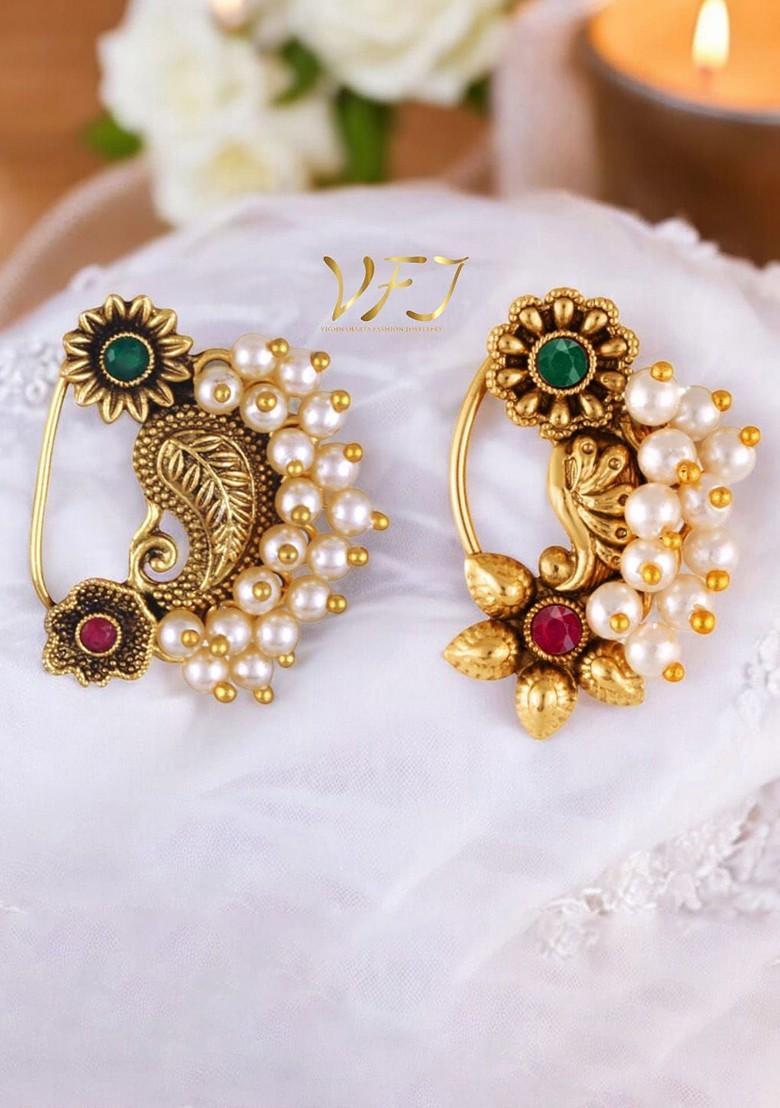 Set Of 2 Gold Plated Pearls Ring Nosepin