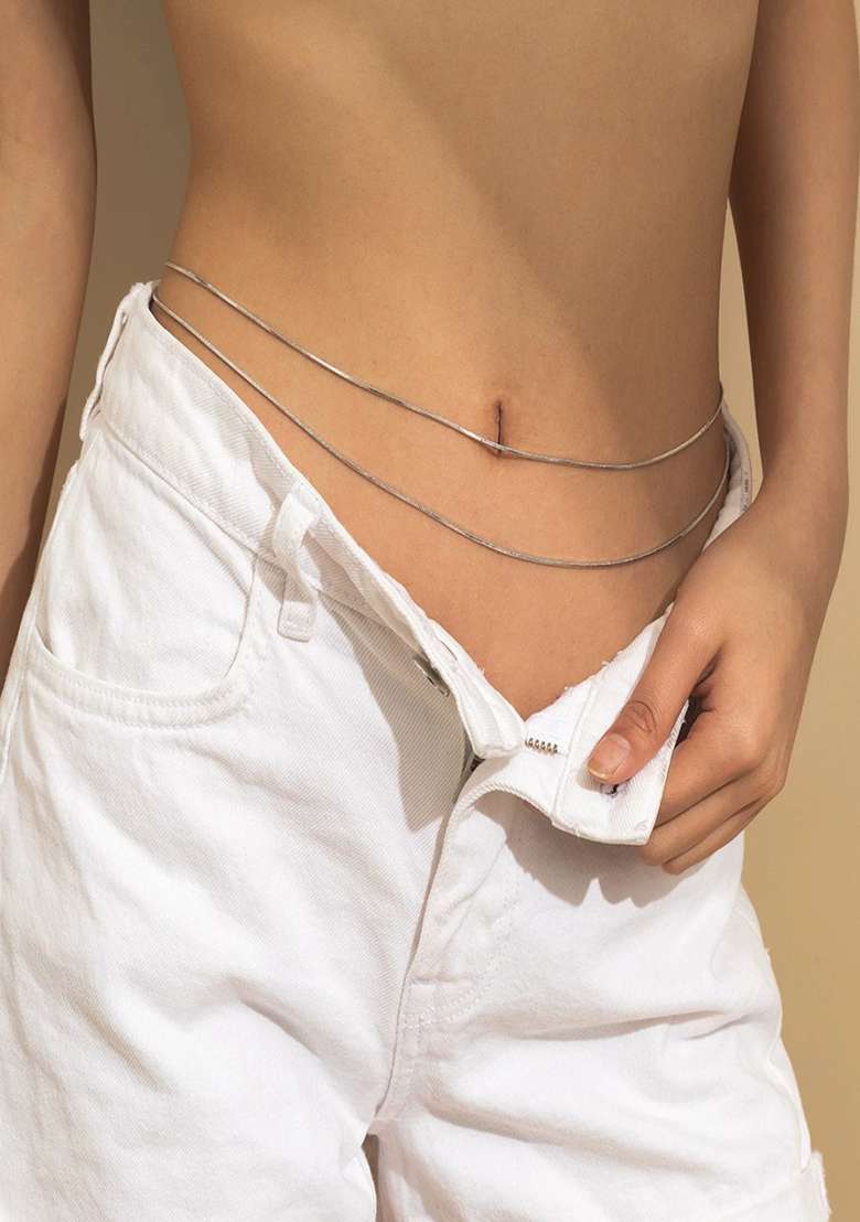 18K Silver Plated Anti Tarnish Two Layered Snake Chain Waist Chain - Indya