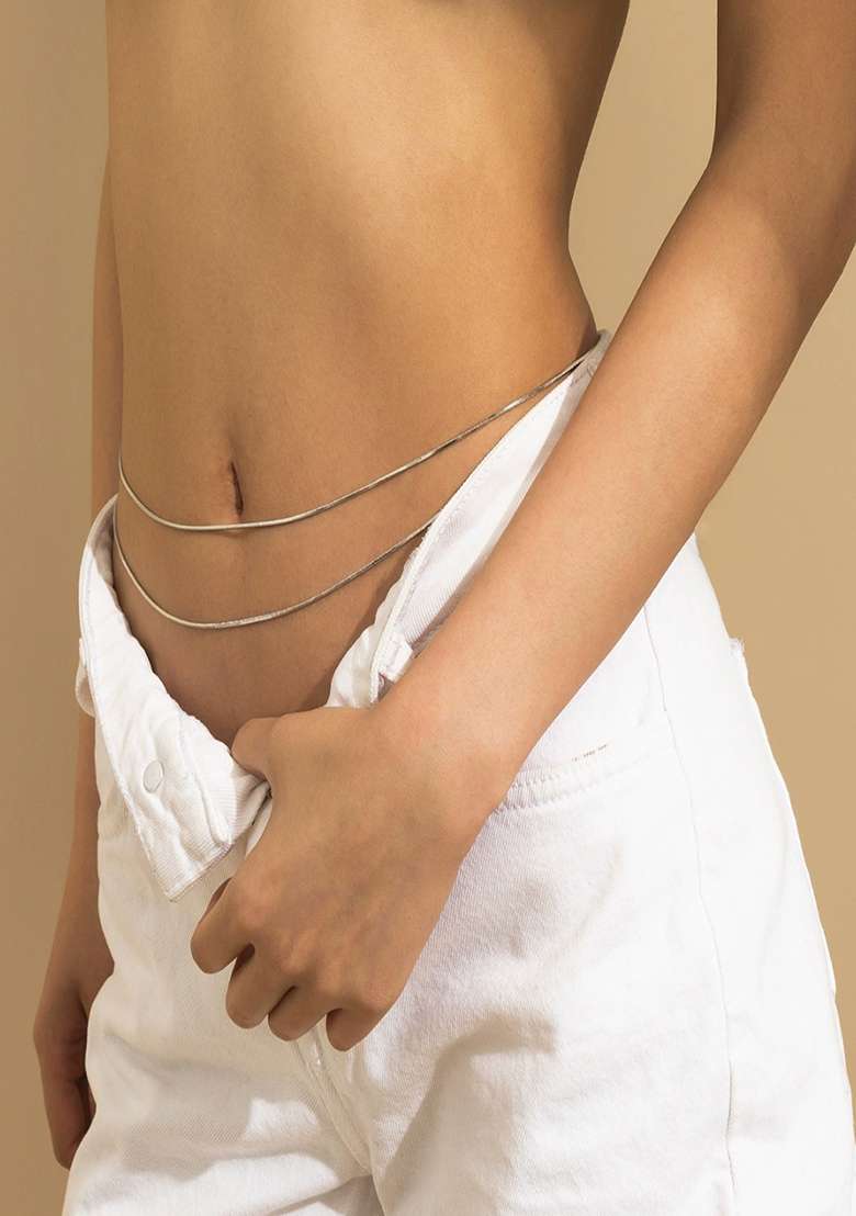 18K Silver Plated Anti Tarnish Two Layered Snake Chain Waist Chain - Indya