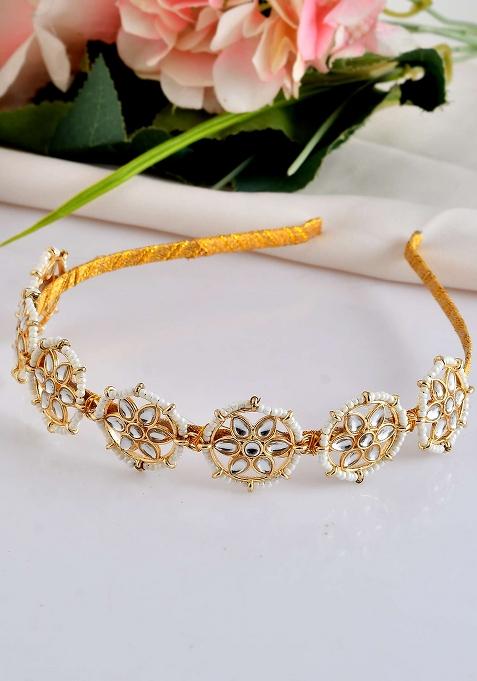 Gold And Plated Kundan And Style Floral Hairband With Pearl Bead Accents