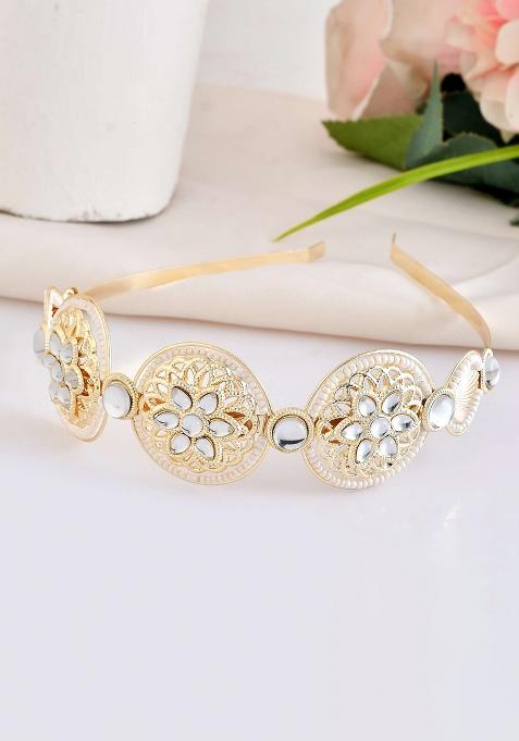 Royal Kundan Mirror Work Hairband With Pearl Detailing