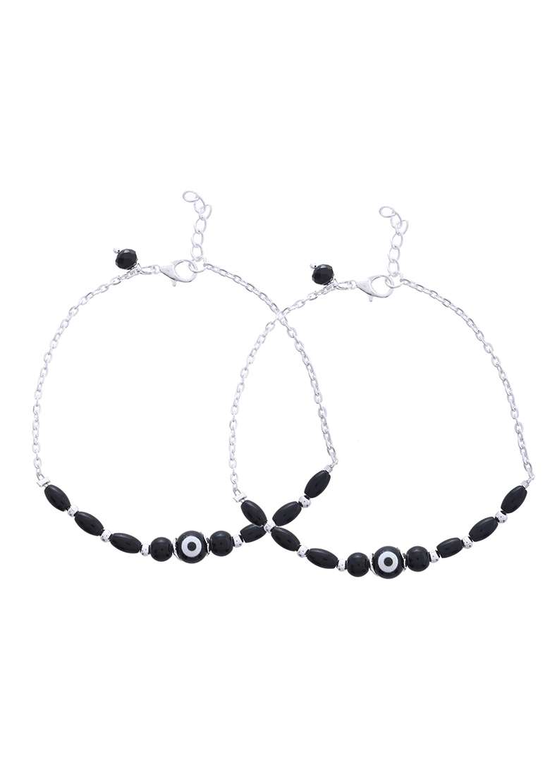 Set Of 2 Silver And Plated Stainless Steel Beaded Anklets With Artificial Black Stones And Floral Charms

 - Indya