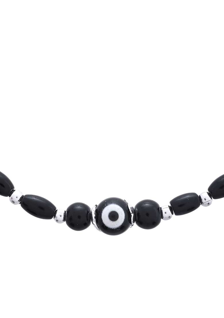 Set Of 2 Silver And Plated Stainless Steel Beaded Anklets With Artificial Black Stones And Floral Charms

 - Indya