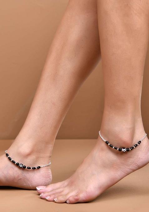 Set Of 2 Silver And Plated Stainless Steel Evil Eye Beaded Anklets

