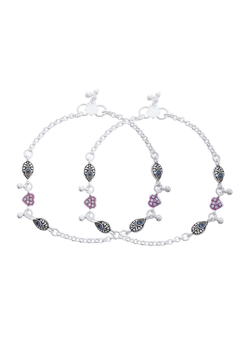 Set Of 2 Silver And Plated Stainless Steel Evil Eye And Pink Beaded Anklets

 - Indya