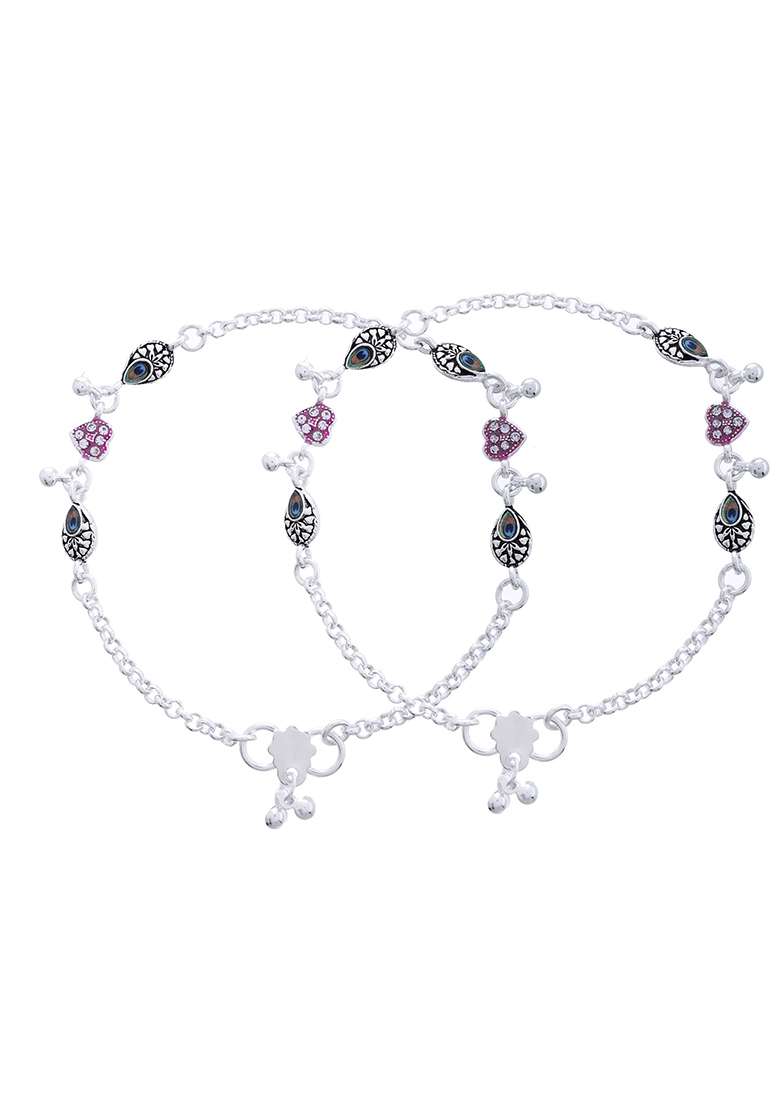 Set Of 2 Silver And Plated Stainless Steel Evil Eye And Pink Beaded Anklets

 - Indya