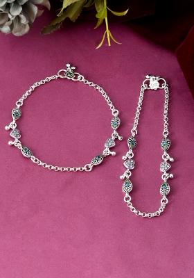 Set Of 2 Silver And Plated Stainless Steel Evil Eye And Heart Charm Beaded Anklets

