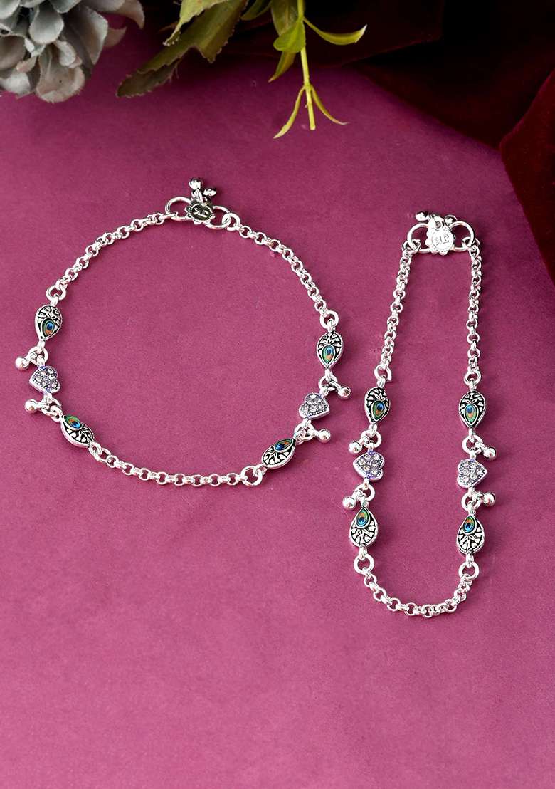 Set Of 2 Silver And Plated Stainless Steel Evil Eye And Heart Charm Beaded Anklets

 - Indya