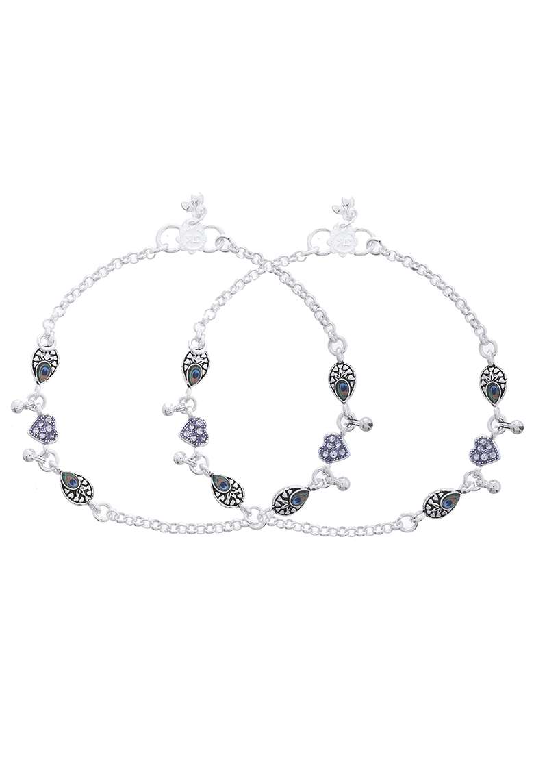 Set Of 2 Silver And Plated Stainless Steel Evil Eye And Heart Charm Beaded Anklets

 - Indya