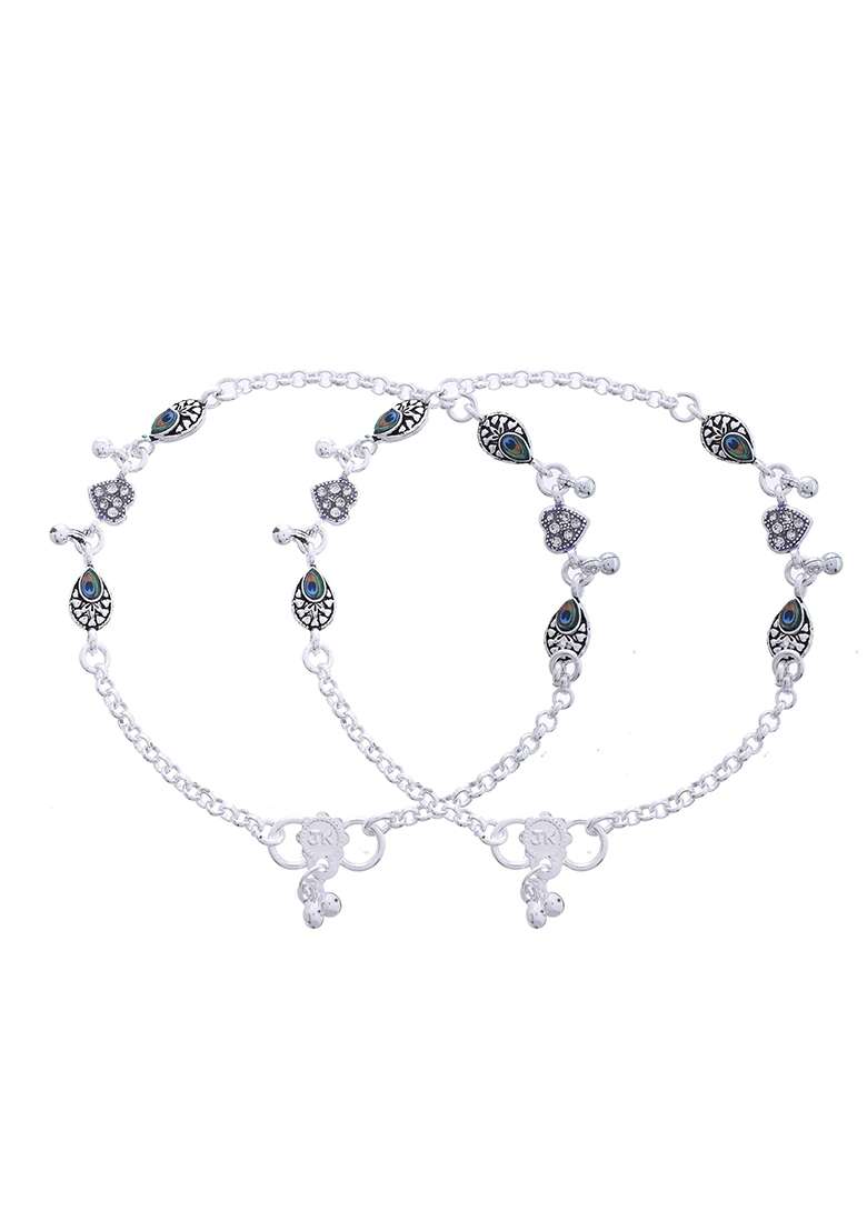 Set Of 2 Silver And Plated Stainless Steel Evil Eye And Heart Charm Beaded Anklets

 - Indya