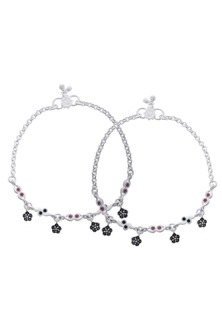 Set Of 2 Silver And Plated Anklets With Multicolour Stone And Studded Flower Charms - Indya