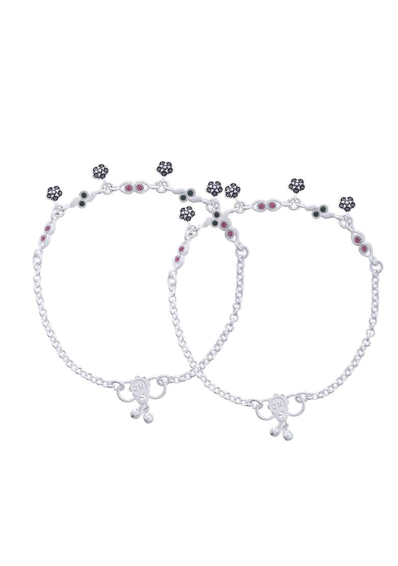 Set Of 2 Silver And Plated Anklets With Multicolour Stone And Studded Flower Charms - Indya