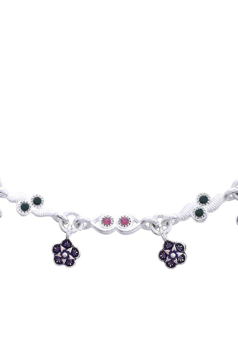 Set Of 2 Silver And Plated Anklets With Multicolour Stone And Studded Flower Charms - Indya