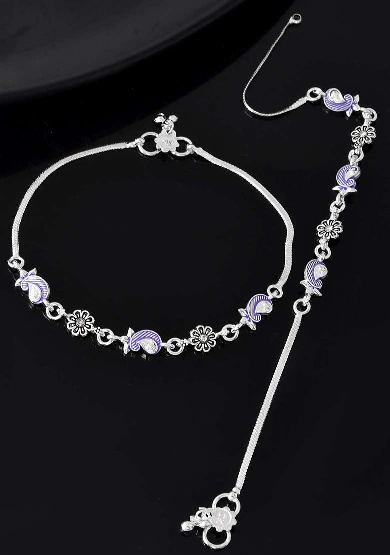 Set Of 2 Silver And Plated Stainless Steel Paisley And Floral Charm Anklets - Indya