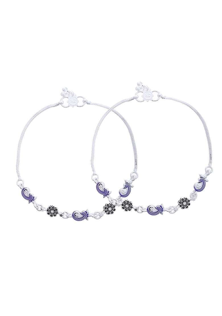 Set Of 2 Silver And Plated Stainless Steel Paisley And Floral Charm Anklets - Indya