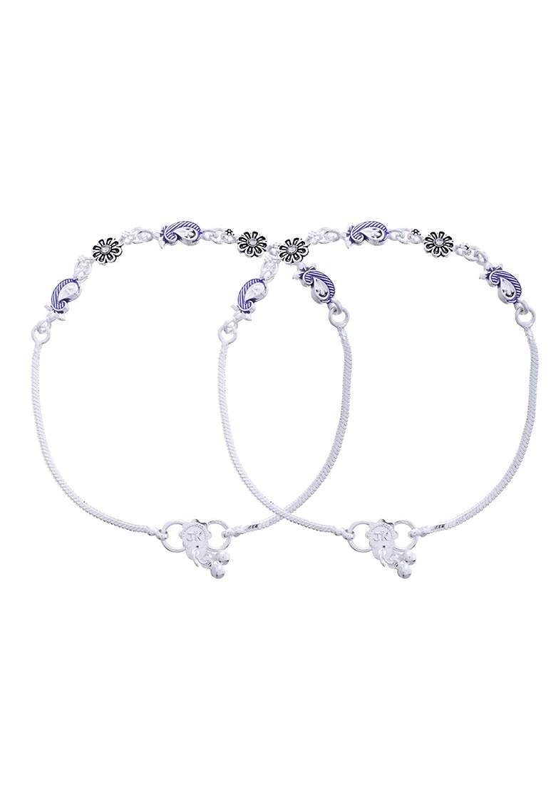 Set Of 2 Silver And Plated Stainless Steel Paisley And Floral Charm Anklets - Indya