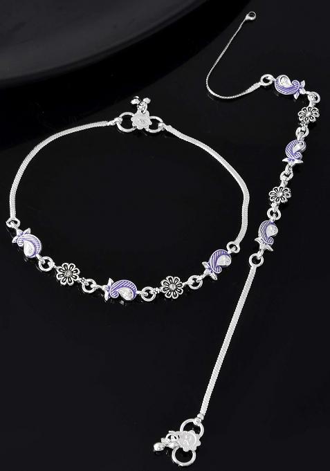Set Of 2 Silver And Plated Stainless Steel Paisley And Floral Charm Anklets