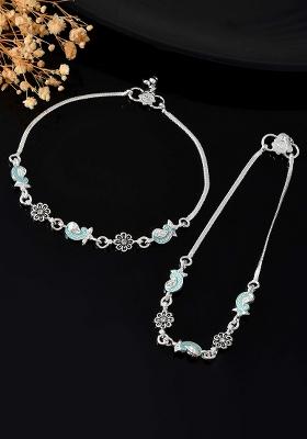 Set Of 2 Silver And Plated Stainless Steel Enamel Paisley And Black Floral Anklets

