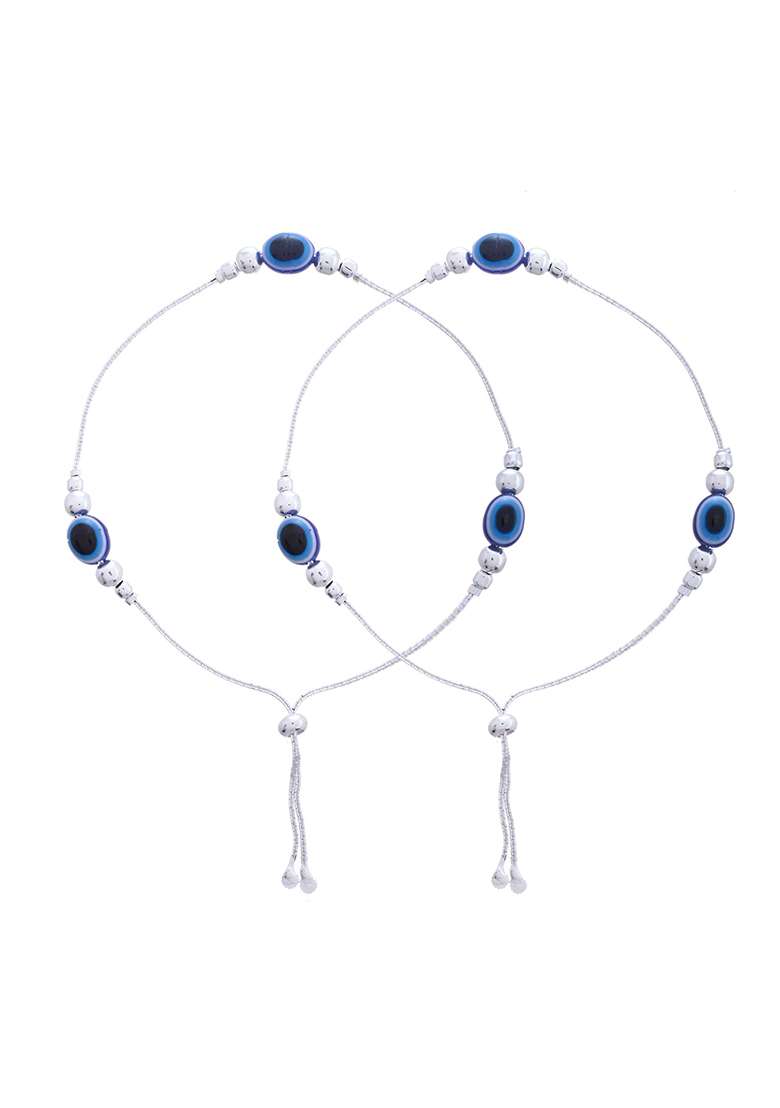 Set Of 2 Silver And Plated Stainless Steel Evil Eye Beaded Anklets

 - Indya
