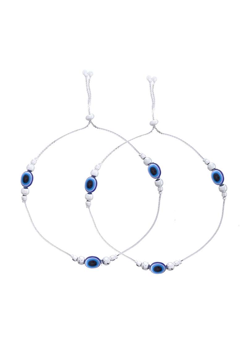 Set Of 2 Silver And Plated Stainless Steel Evil Eye Beaded Anklets

 - Indya