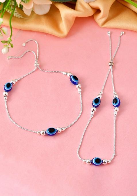 Set Of 2 Silver And Plated Stainless Steel Evil Eye Beaded Anklets

