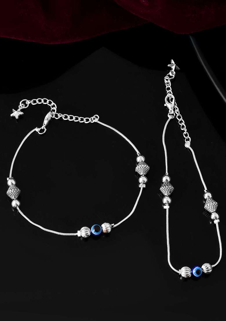 Silver And Plated Stainless Steel Anklet Set With Evil Eye And Metallic Charms - Indya