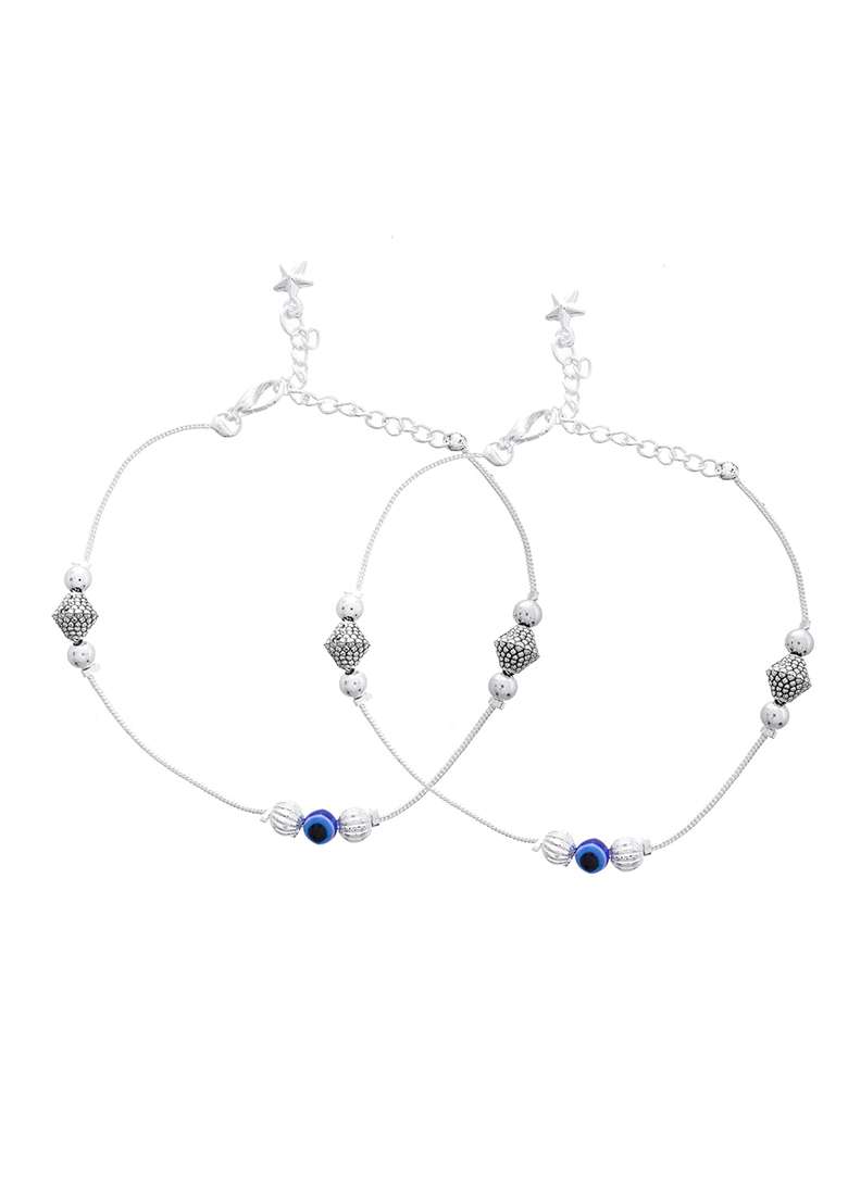 Silver And Plated Stainless Steel Anklet Set With Evil Eye And Metallic Charms - Indya