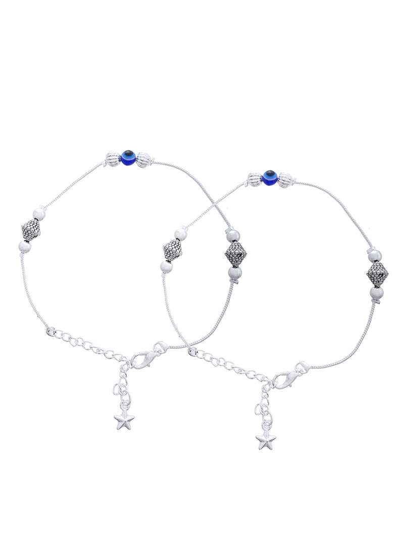 Silver And Plated Stainless Steel Anklet Set With Evil Eye And Metallic Charms - Indya