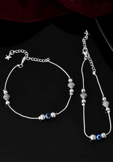 Silver And Plated Stainless Steel Anklet Set With Evil Eye And Metallic Charms