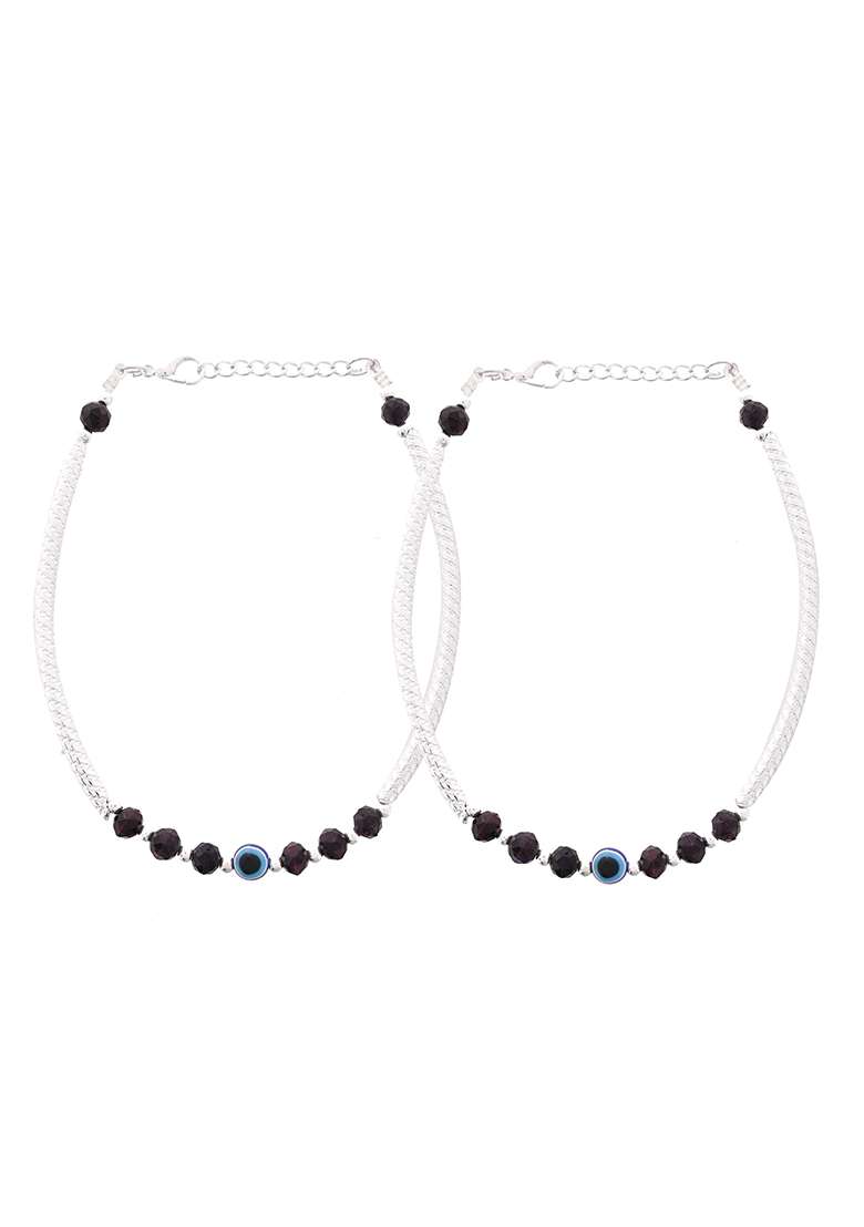 Set Of 2 Silver And Tone Stainless Steel Evil Eye Anklets With Beads

 - Indya