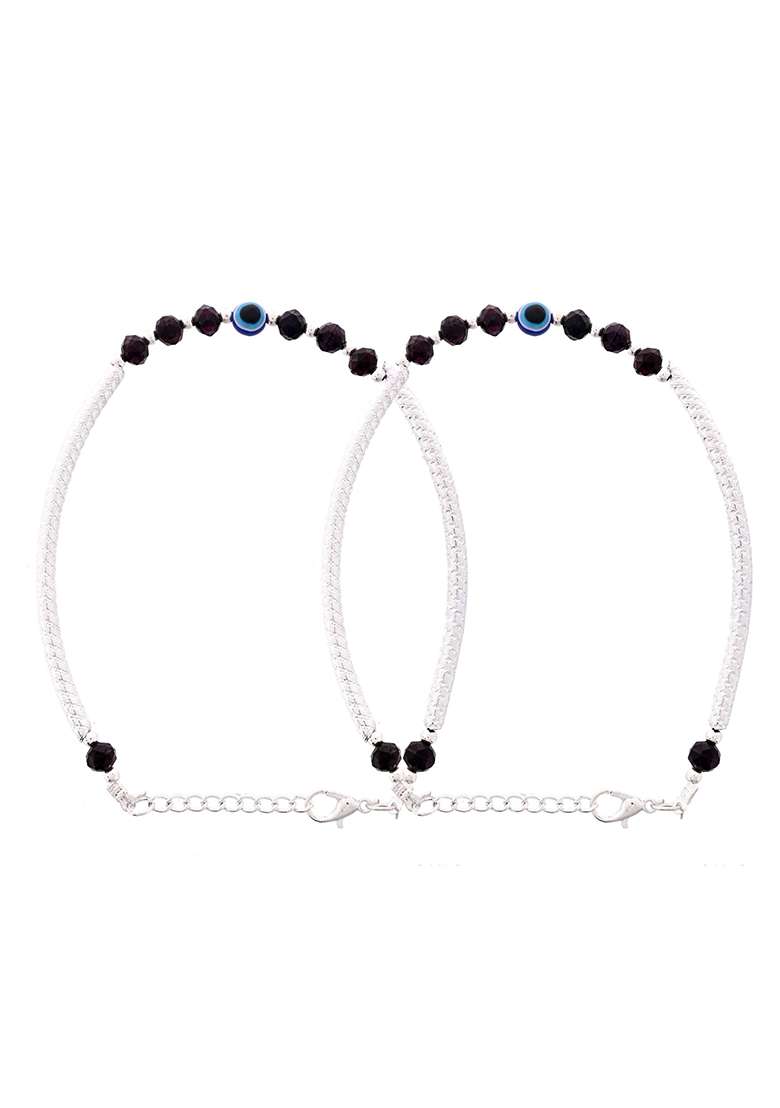Set Of 2 Silver And Tone Stainless Steel Evil Eye Anklets With Beads

 - Indya