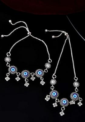 Set Of 2 Silver And Plated Stainless Steel Evil Eye And Stone And Studded Beaded Anklets

