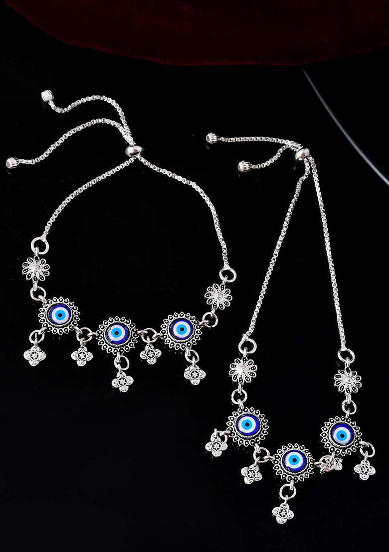 Set Of 2 Silver And Plated Stainless Steel Evil Eye And Stone And Studded Beaded Anklets

 - Indya