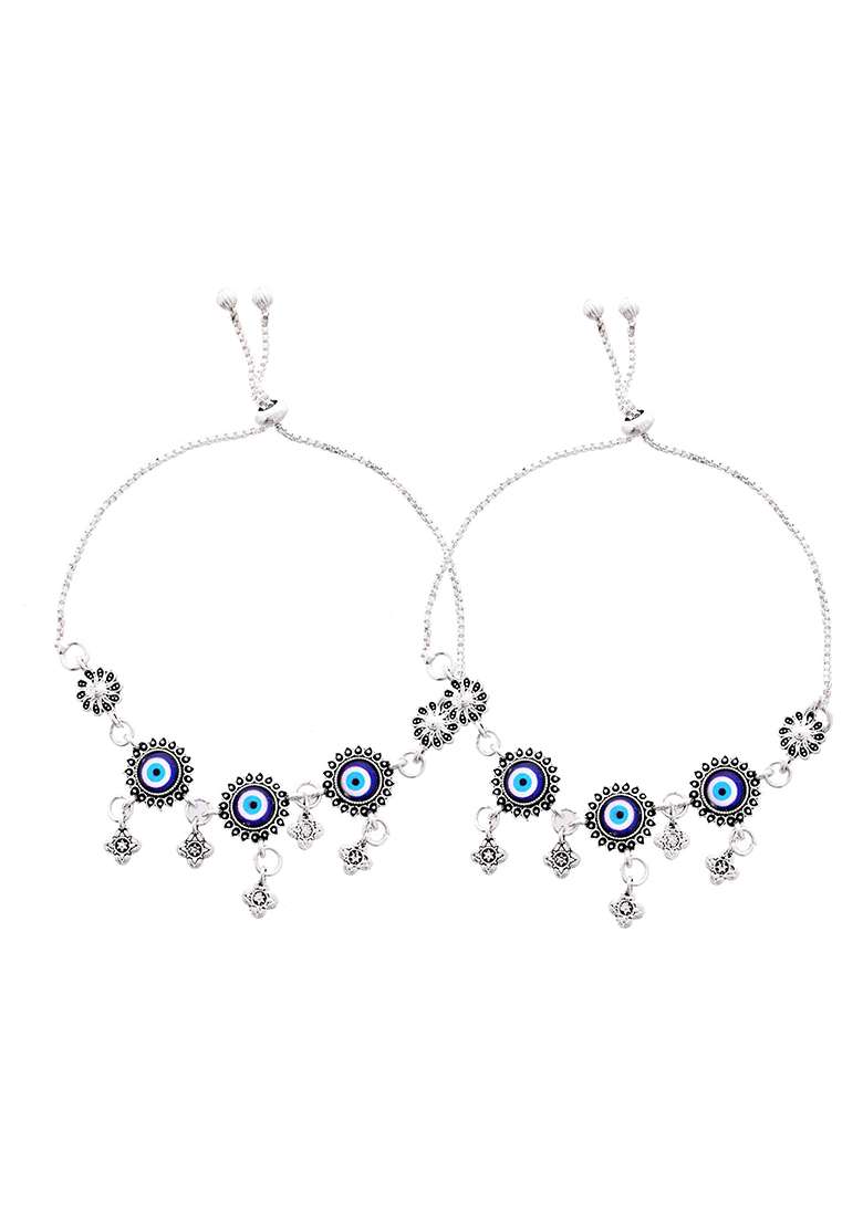 Set Of 2 Silver And Plated Stainless Steel Evil Eye And Stone And Studded Beaded Anklets

 - Indya