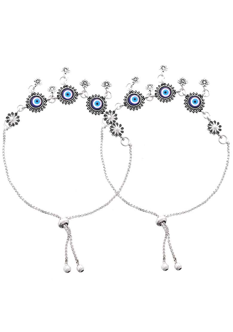 Set Of 2 Silver And Plated Stainless Steel Evil Eye And Stone And Studded Beaded Anklets

 - Indya