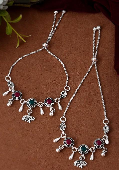 Set Of 2 Silver And Plated Artificial Stone Beaded Anklets With Multi And Colored Accents
