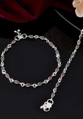 Stainless Steel Silver And Tone Anklets With Leaf And Pearl Detailing


