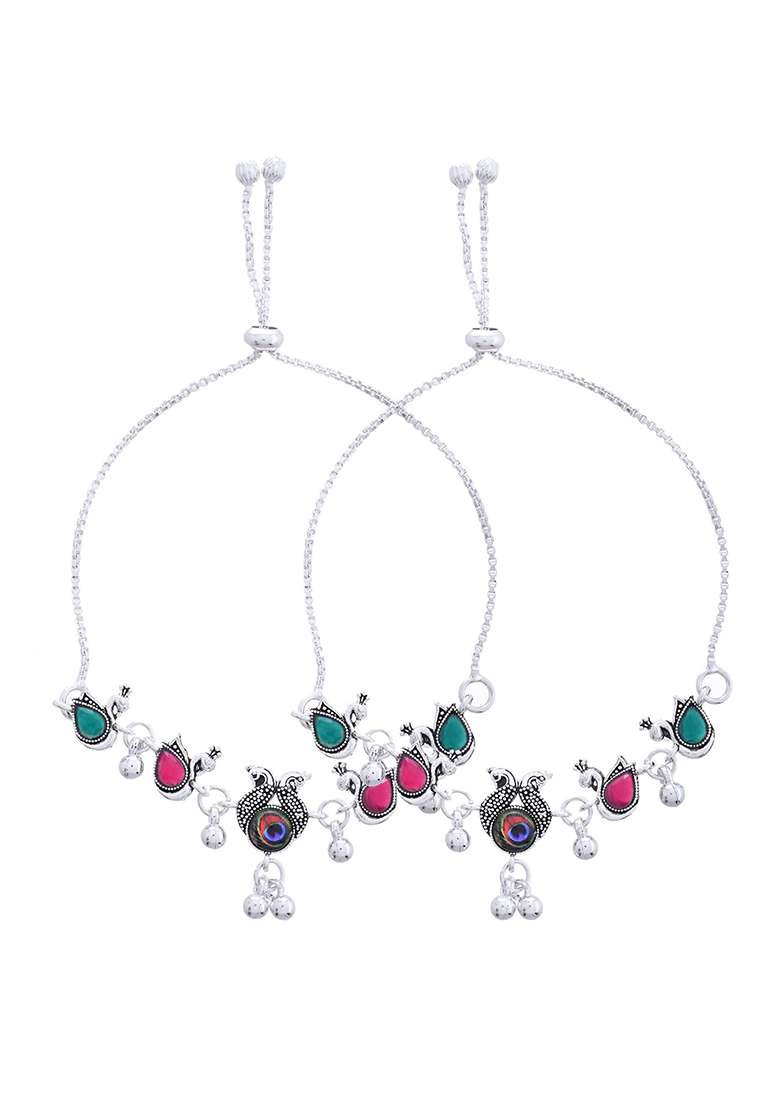 Set Of 2 Silver And Plated Green Stone And Bead Anklets In Stainless Steel

 - Indya