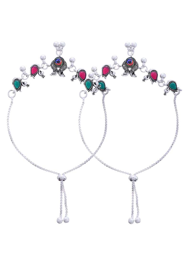 Set Of 2 Silver And Plated Green Stone And Bead Anklets In Stainless Steel

 - Indya
