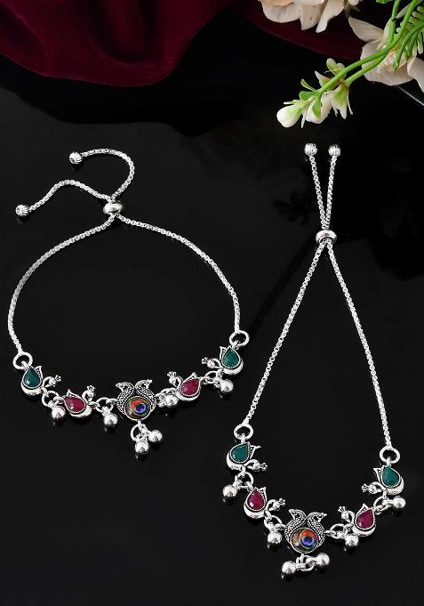 Set Of 2 Silver And Plated Green Stone And Bead Anklets In Stainless Steel

