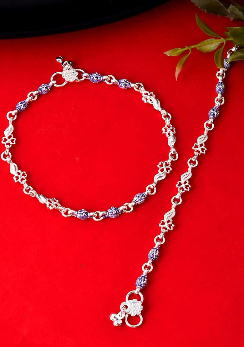 Handcrafted Silver Anklet Combo With Ethnic Blue Motifs - Indya