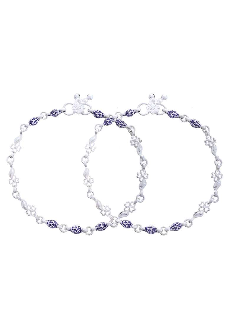 Handcrafted Silver Anklet Combo With Ethnic Blue Motifs - Indya