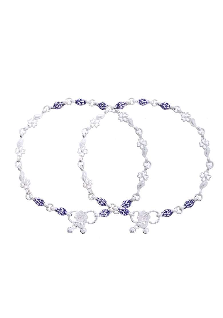 Handcrafted Silver Anklet Combo With Ethnic Blue Motifs - Indya
