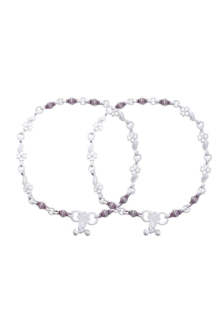 Set Of 2 Silver And Plated Stainless Steel Anklets With Pink Artificial Beads

 - Indya