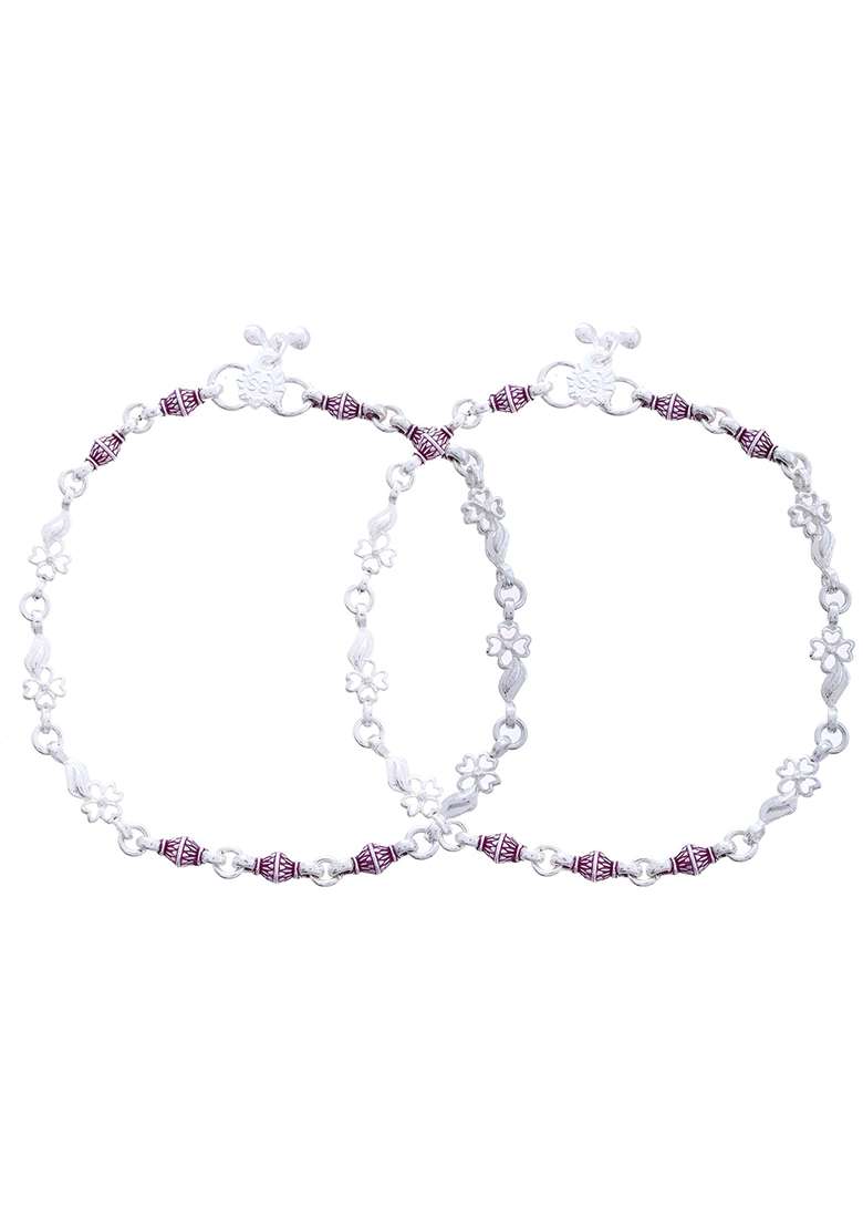 Set Of 2 Silver And Plated Stainless Steel Anklets With Pink Artificial Beads

 - Indya