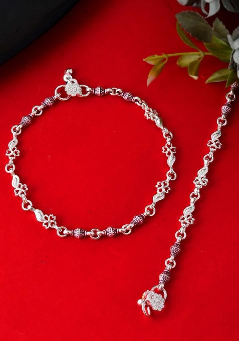 Set Of 2 Silver And Plated Stainless Steel Anklets With Pink Artificial Beads

