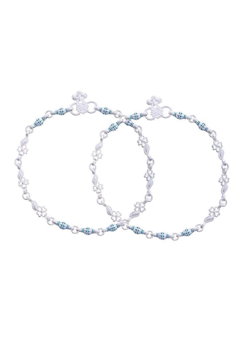 Set Of 2 Silver And Plated Anklets With Green Beads And Leaf Motifs - Indya