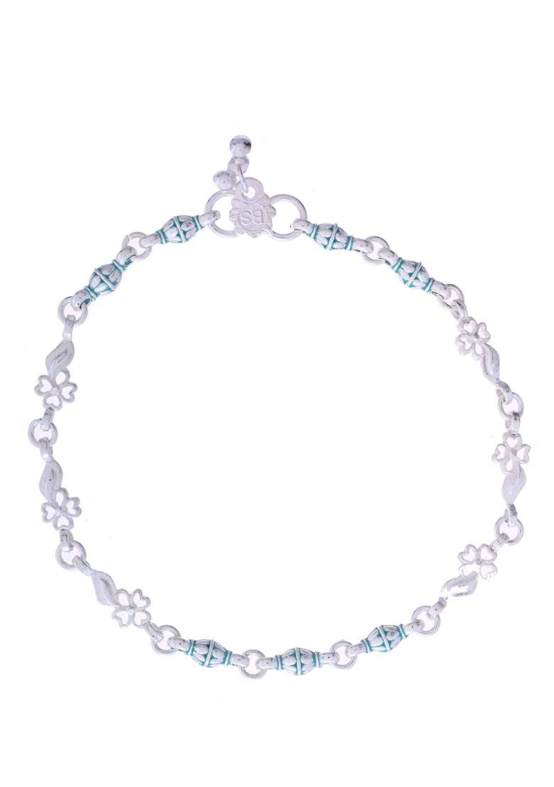 Set Of 2 Silver And Plated Anklets With Green Beads And Leaf Motifs - Indya