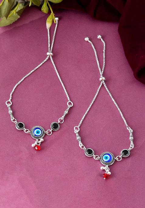 Set Of 2 Silver And Plated Beaded Anklets With Black And Blue Evil Eye Charms

